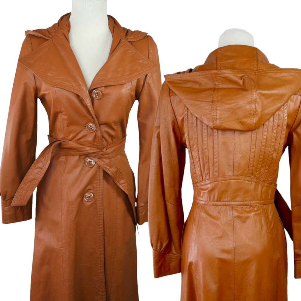 Vintage Boho 70's Leather Trench Coat with Hood Size S